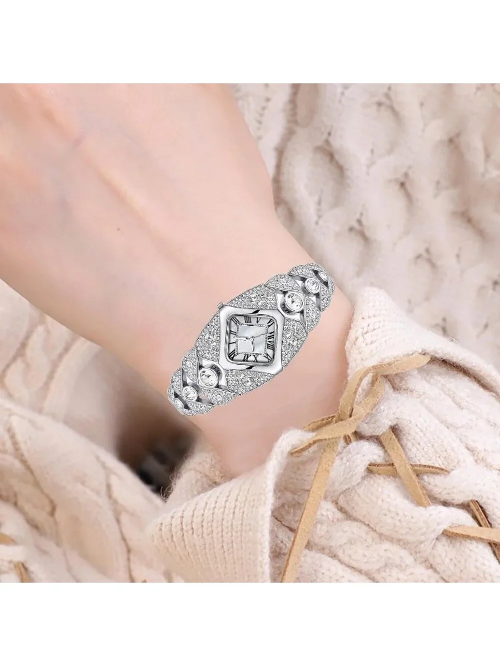 Women's Silver White Rhinestone Bracelet Roman Numerals Dial Stylish Wrist Watch